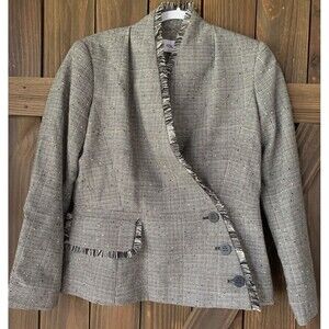 The Fold Tweed Blazer Womens 10 Wool Blend Black White Fringe Trim